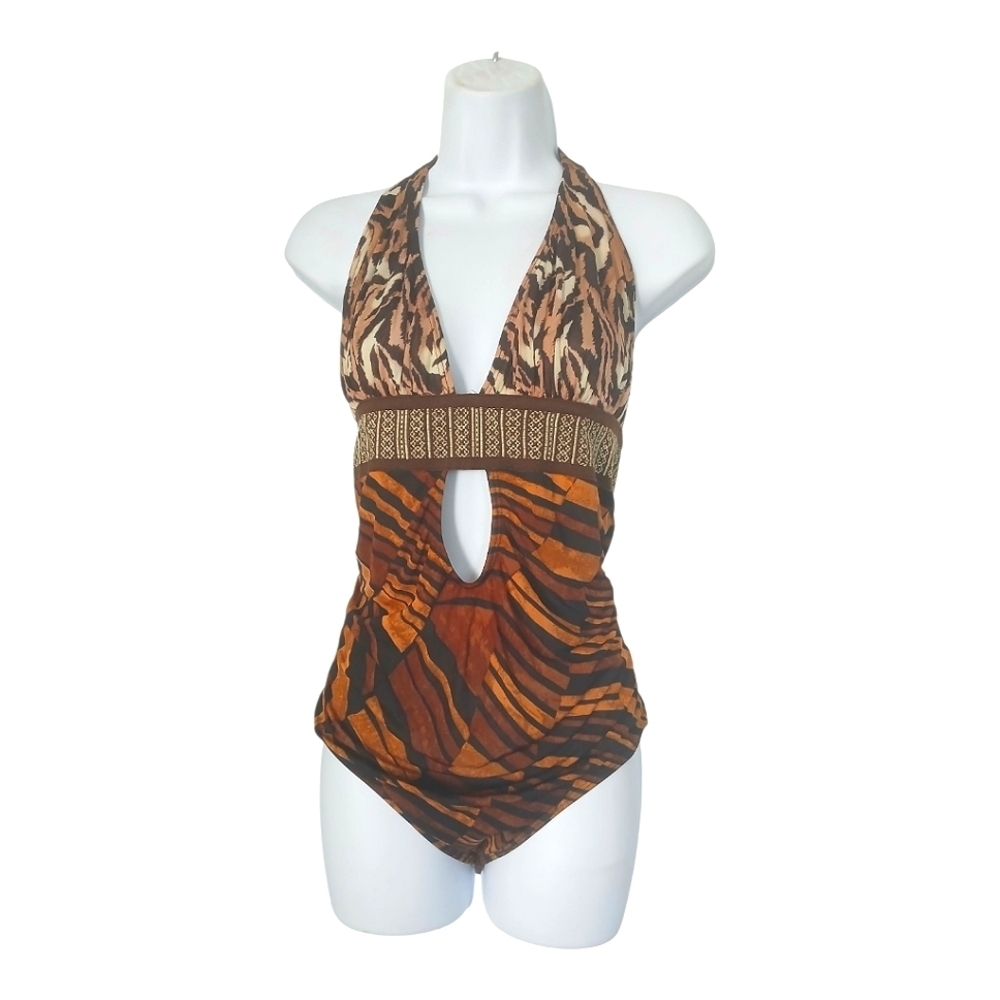 Vintage Animal Print Halter One Piece Swimsuit Brown Tan Large